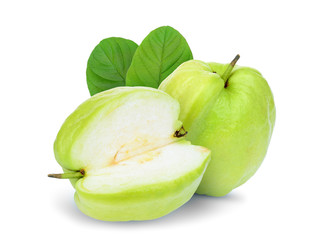 whole and half guava fruit with leaf isolated on white background