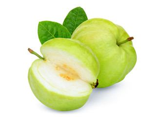 whole and half guava fruit with leaf isolated on white background