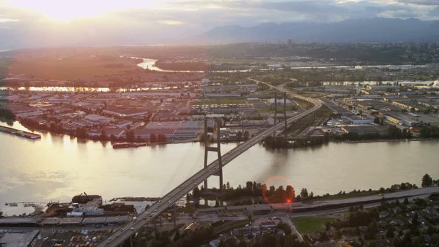 Aerial above view Fraser River Bridge cabled stayed bridge over Fraser River North Delta Vancouver BC Canada 