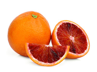 whole and slices blood orange isolated on white background