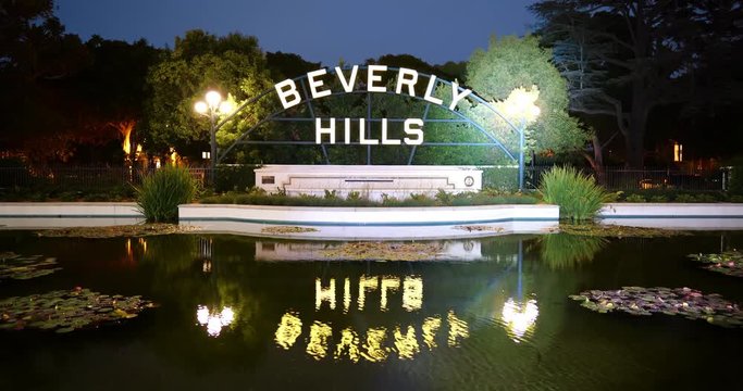 Beverly Hills Sign landmark near famous Rodeo Drive in Los Angeles, California, 4K