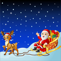 Cartoon santa Claus in sleigh pulled by reindeer