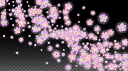 Blue Vector Realistic Blue Petals Falling on Transparent Background.  Spring Romantic Flowers Illustration. Flying Petals. Sakura Spa Design. Blossom Confetti. Design Elements for Wedding Decoration.