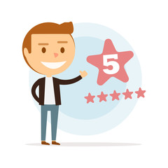 Happy young man puts five stars. Online reviews. 