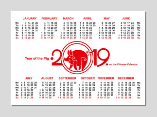 YEAR OF THE PIG 2019 IN THE CHINESE CALENDAR. Pocket calendar for the year 2019. 100 mm x 70 mm.