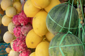 Fruit on the market. Watermelon, melon, dragonfruit
