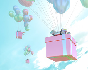 Pink gift box and balloons pastel color in sky