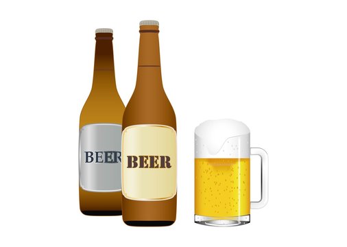 ビール瓶2本とビールジョッキ