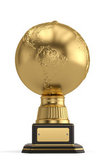 Golden globe trophy isolated on white background. 3D illustration.
