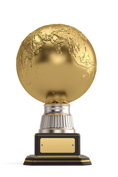 Golden globe trophy isolated on white background. 3D illustration.