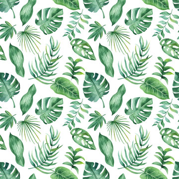 Watercolor seamless tropical pattern. Texture with tropical leaves, flowers, golden plants, palm trees. Great for wallpaper, scrapbooking, summer and wedding design, packaging, textiles, fabrics.