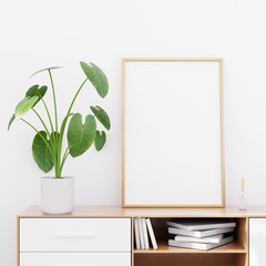 Modern living room interior with a wooden dresser and a poster mockup, 3D render