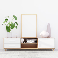 Modern living room interior with a wooden dresser and a poster mockup, 3D render