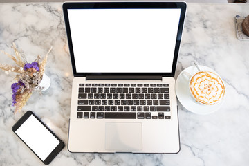 top view  laptop computer on coffee shop