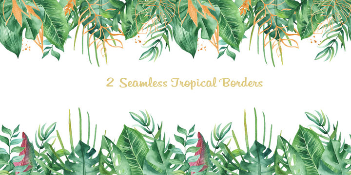 Watercolor seamless tropical border. Texture with tropical leaves, flowers, golden plants. Great for summer and wedding design, cards, invitations.