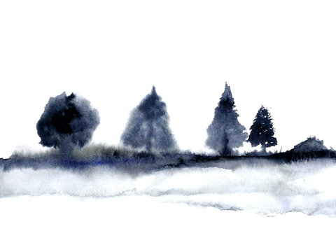 watercolor landscape ink tree traditional oriental. asia art style.isolated on a white background