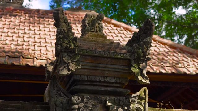 Steaducam shot of the walls and statues of the temple inside of a Monkeys forest covered with stone carving