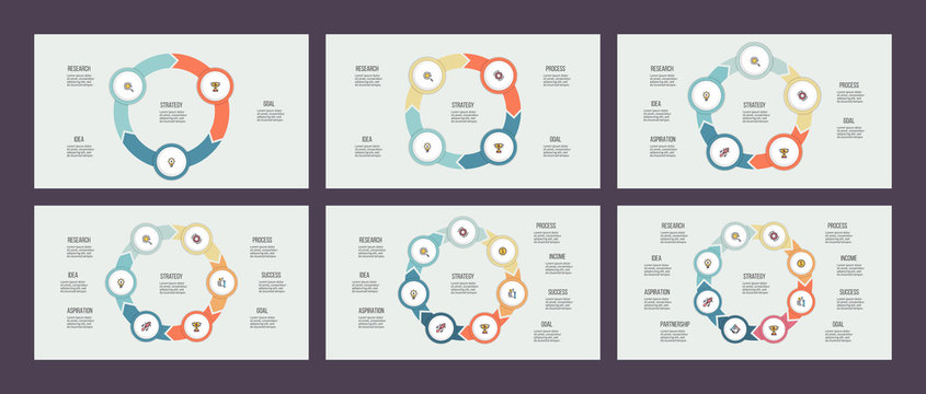Business infographics. Circles with 3, 4, 5, 6, 7, 8 steps, options. Vector templates.