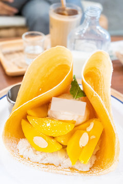 mango sticky rice crepe with ice cream picture vintage style