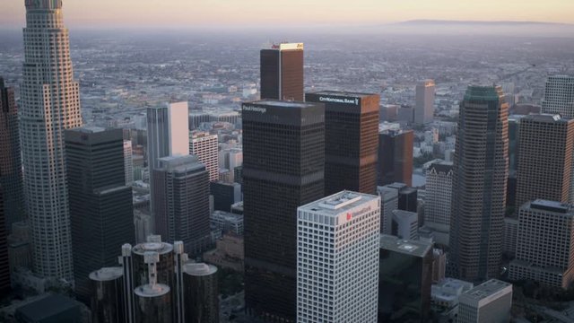 Los Angeles April 2017 Aerial Skyline sunset view of city office skyscrapers Downtown Financial District California 