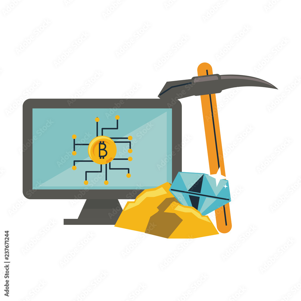 Poster bitcoin mining from computer and pick tool