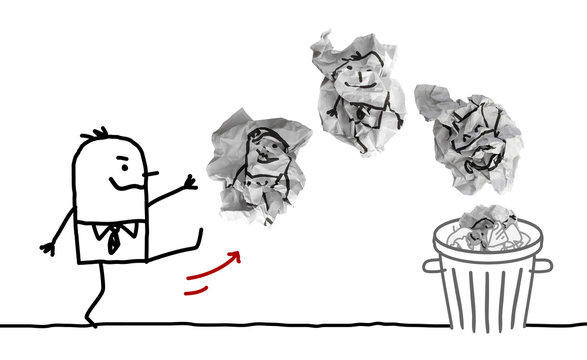 Cartoon Man Throwing Paper Dumplings with People in Trash Bin