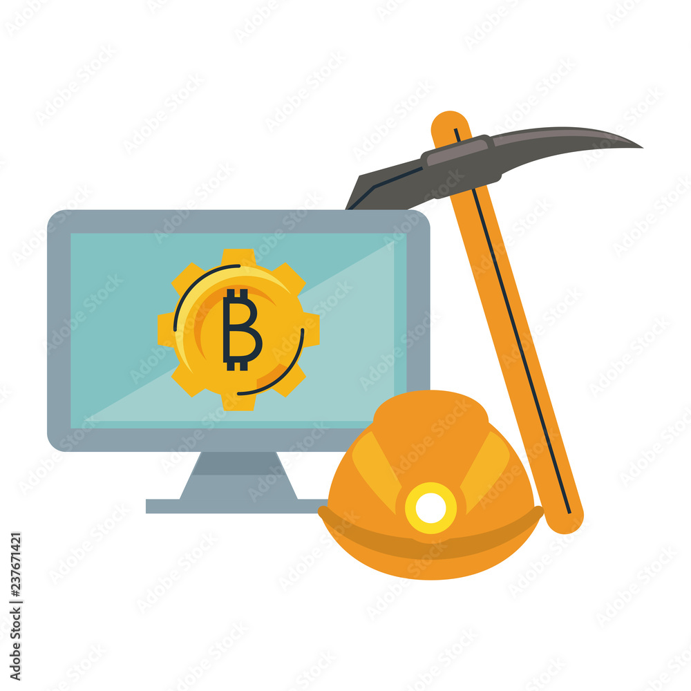 Poster bitcoin mining from computer with tools
