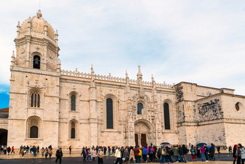 Naklejka premium LISBON, PORTUGAL - NOVEMBER 22, 2018: The Jeronimos Monastery or Hieronymites Monastery is a former monastery of the Order of Saint Jerome near the Tagus river in the parish of Belem, 