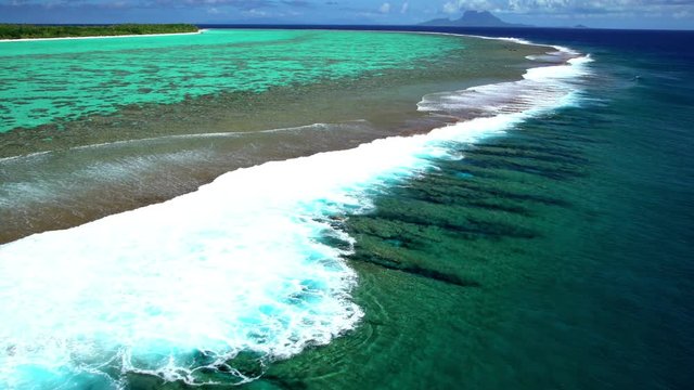 Aerial view of Tupai Heart Island coral reef atoll in French Polynesia