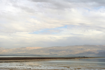 Dead Sea and overcast sky in cloudy weather