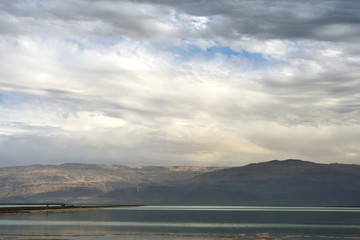 Dead Sea and overcast sky in cloudy weather