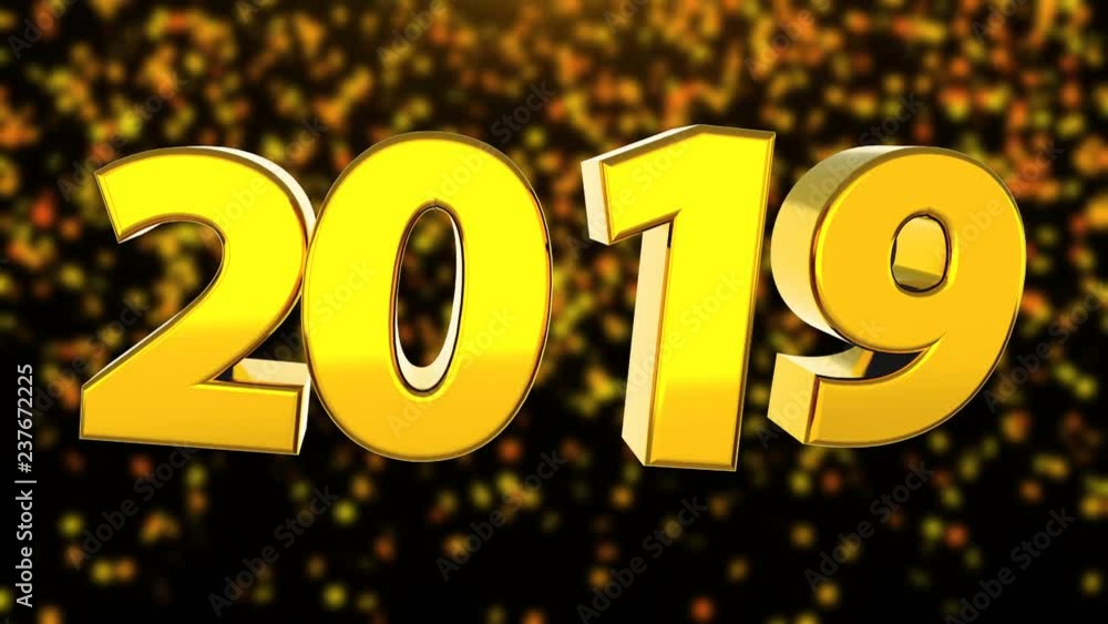 Poster 2019 bright text with falling confetti, 3d rendering computer generated background for new year and 