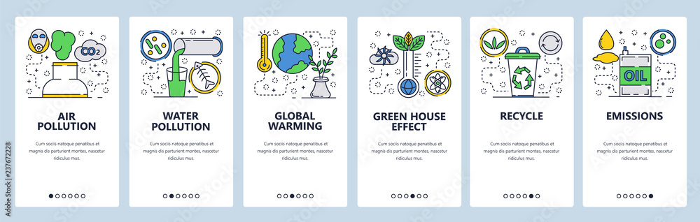 Poster web site onboarding screens. global warming, environment pollution and waste recycle. menu vector ba