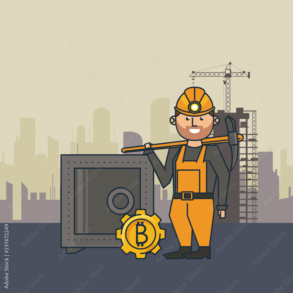 Poster bitcoin mining strongbox and worker with pick