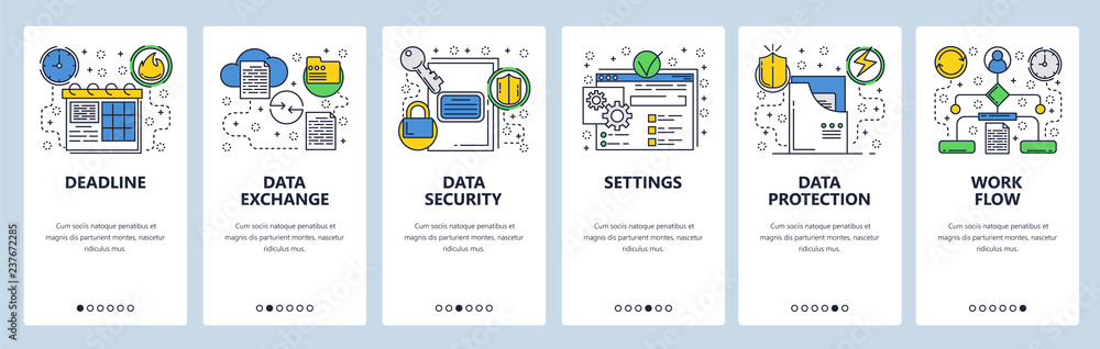 Poster web site onboarding screens. data exchange, sync and protection. menu vector banner template for web