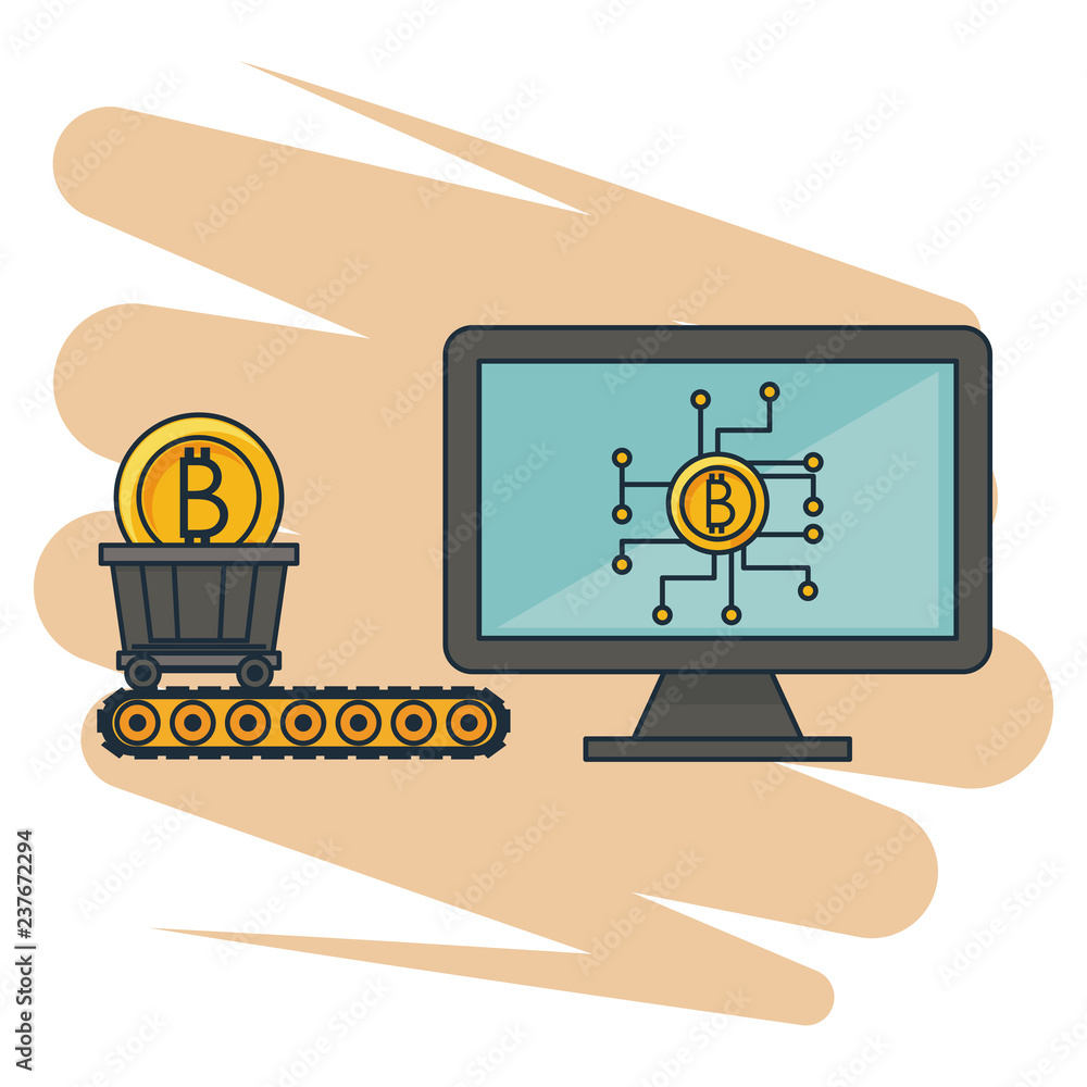 Poster bitcoin mining from computer and cart wagon