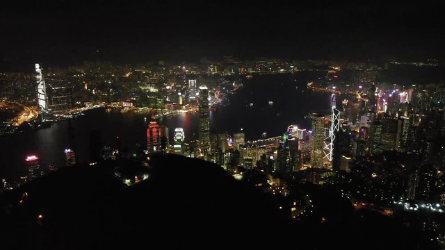 super night aerial flight over Hong Kong harbour