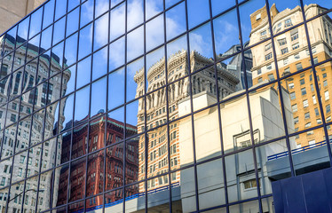 Reflection of buildings in financial downtown district in Pittsburgh, Pennsylvania, USA