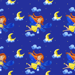 Seamless pattern with cute cartoon fairy flies flying against the background of the starry sky and month