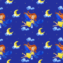 Seamless pattern with cute cartoon fairy flies flying against the background of the starry sky and month