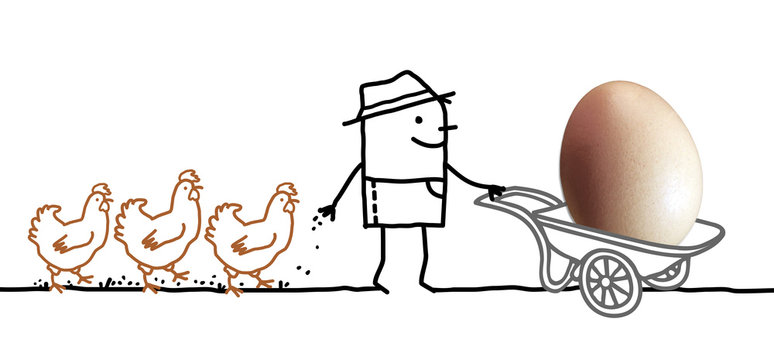 Cartoon Farmer with Chikens and Big Egg in Wheelbarrow