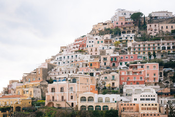 Fototapeta na wymiar View of buildings on the hillside in Positano, on the Amalfi Coast in Campania, Italy