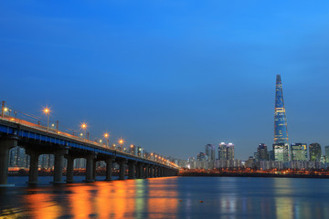 the night view of the bridge at the Han River in Seoul