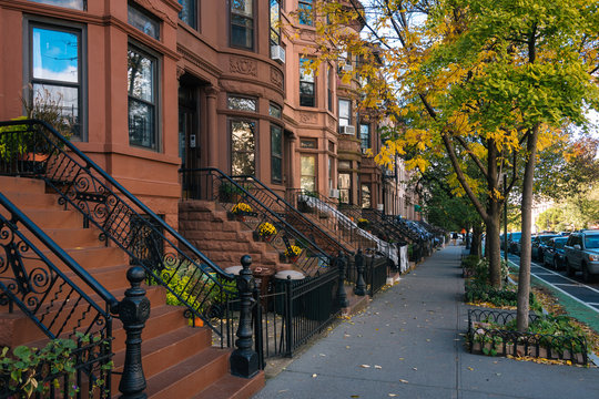 Brownstones and autumn color in Park Slope, Brooklyn, New York City © jonbilous