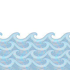 Blue and white doted ocean waves seamless border, vector