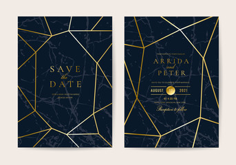Wedding invitation cards with marble texture background and gold geometric  line design vector.