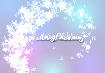 Fototapeta na wymiar Christmas snowflakes background with falling snow and lettering or calligraphic greeting text