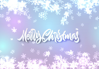 Christmas snowflakes background with falling snow and lettering or calligraphic greeting text