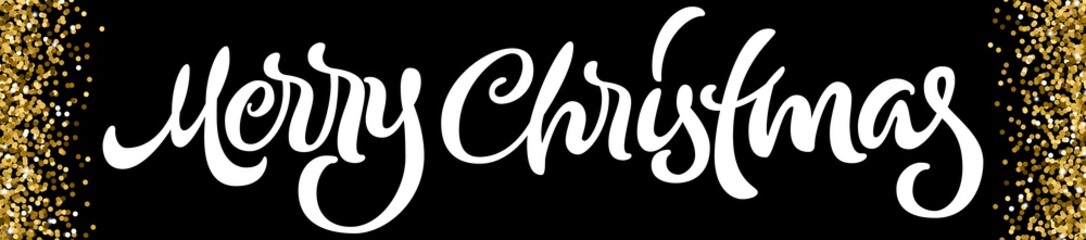 Merry Christmas calligraphic hand drawn lettering banner with golden glitter for happy winter xmas holidays