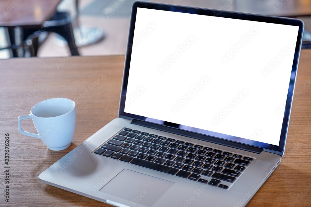 Poster mock up Using laptop with blank screen computer modern